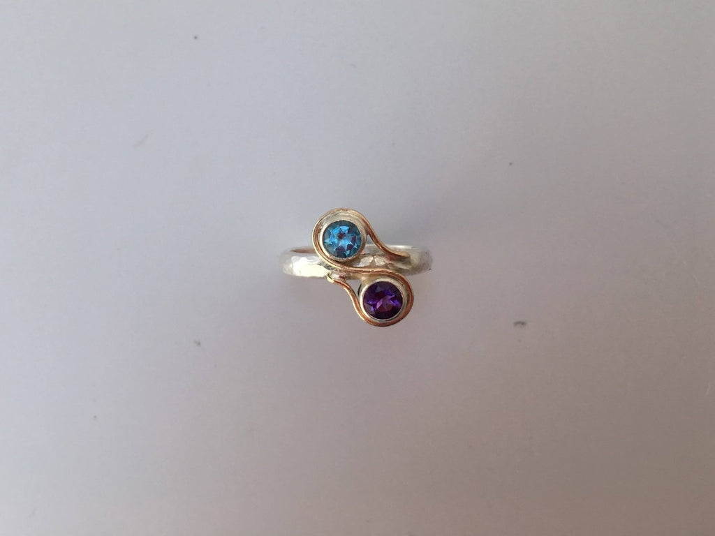 Amethyst and bright blue topaz ring