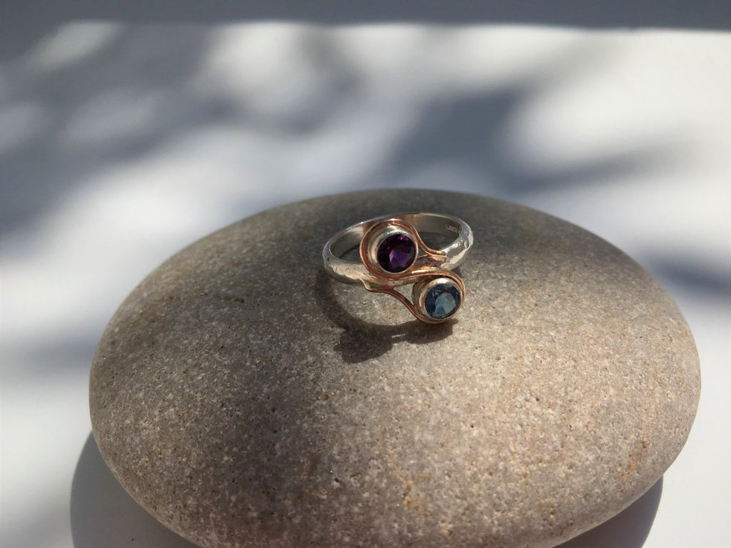 Amethyst and bright blue topaz ring